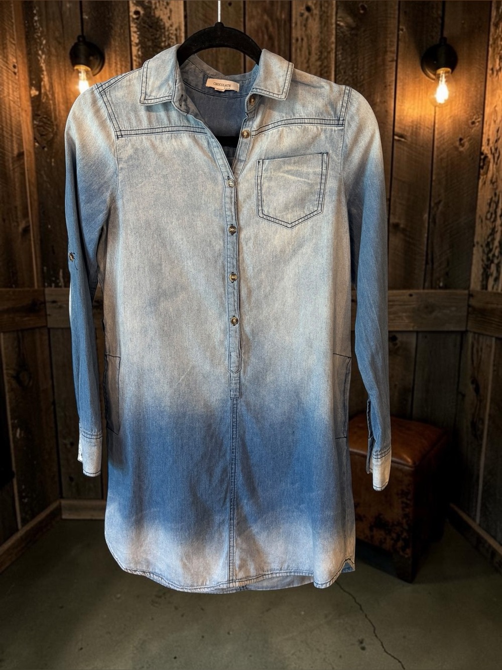 Chocolate Western Chambray Dip Dye Ombre Shirt Dress - Excellent Condition Sz S - Picture 1 of 16
